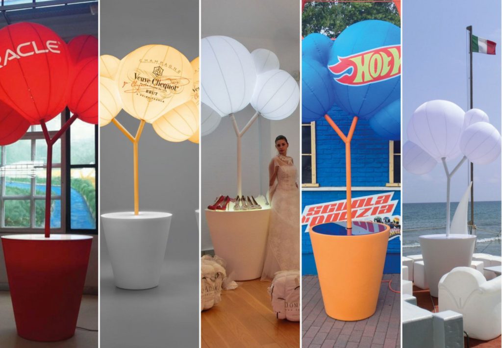 Tree of light en plusieurs couleurs avec logo et présentation de produits.