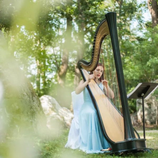 Artistes classiques et opéra avec harpe dasn un jardin