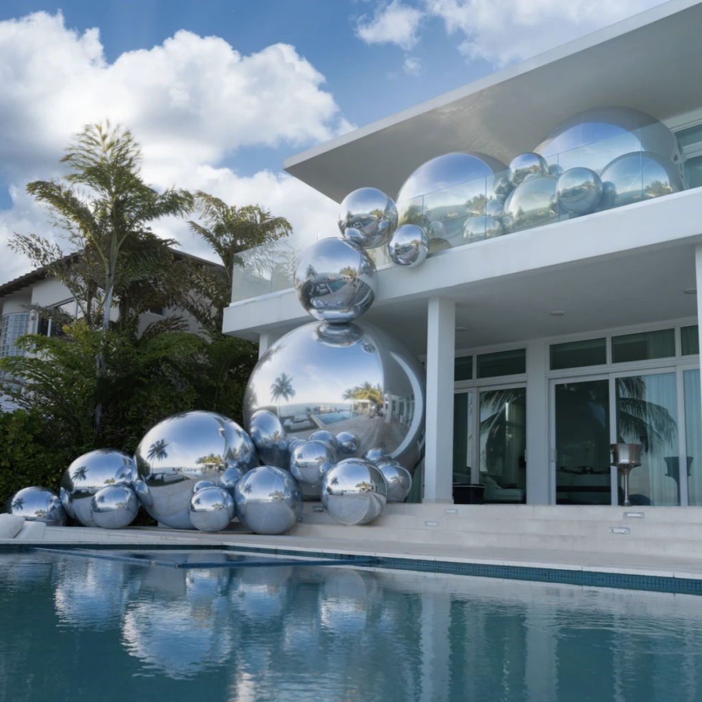 Composition de sphères miroirs géantes fixé sur une façade de maison